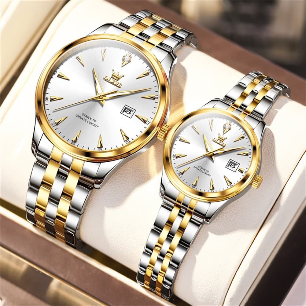 OLEVS Couple Watch Faceted Crystal Two Tone Stainless Steel Date Quartz 5598