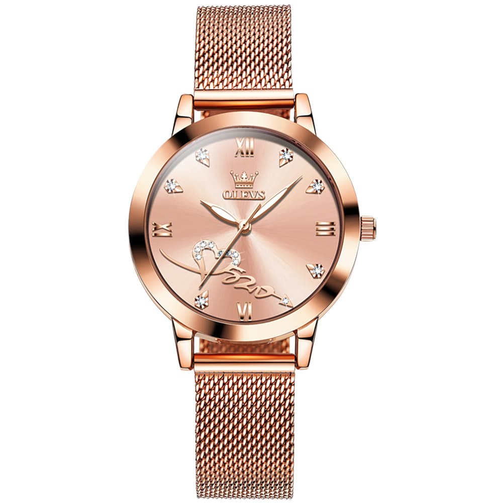 OLEVS Romantic Heart Crystal Dress Watch for Women Rose Gold Milanese Mesh 5530