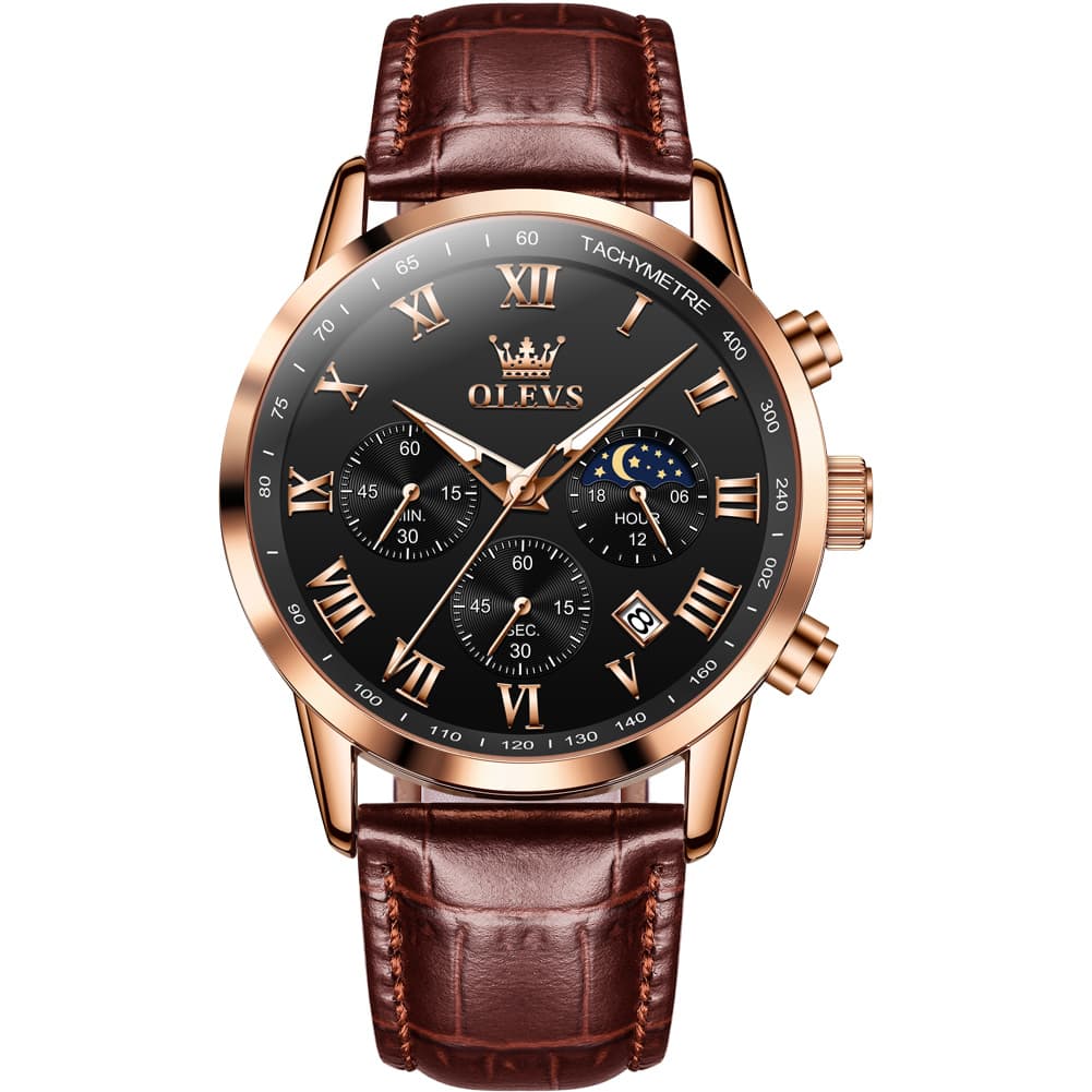 OLEVS Chronograph Moon Phase Dress Watch Leather Strap for Men 5529