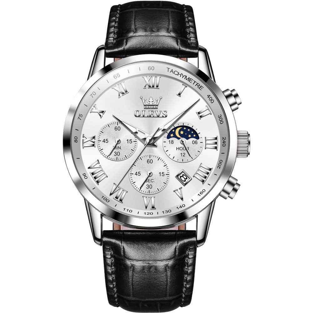 OLEVS Chronograph Moon Phase Dress Watch Leather Strap for Men 5529
