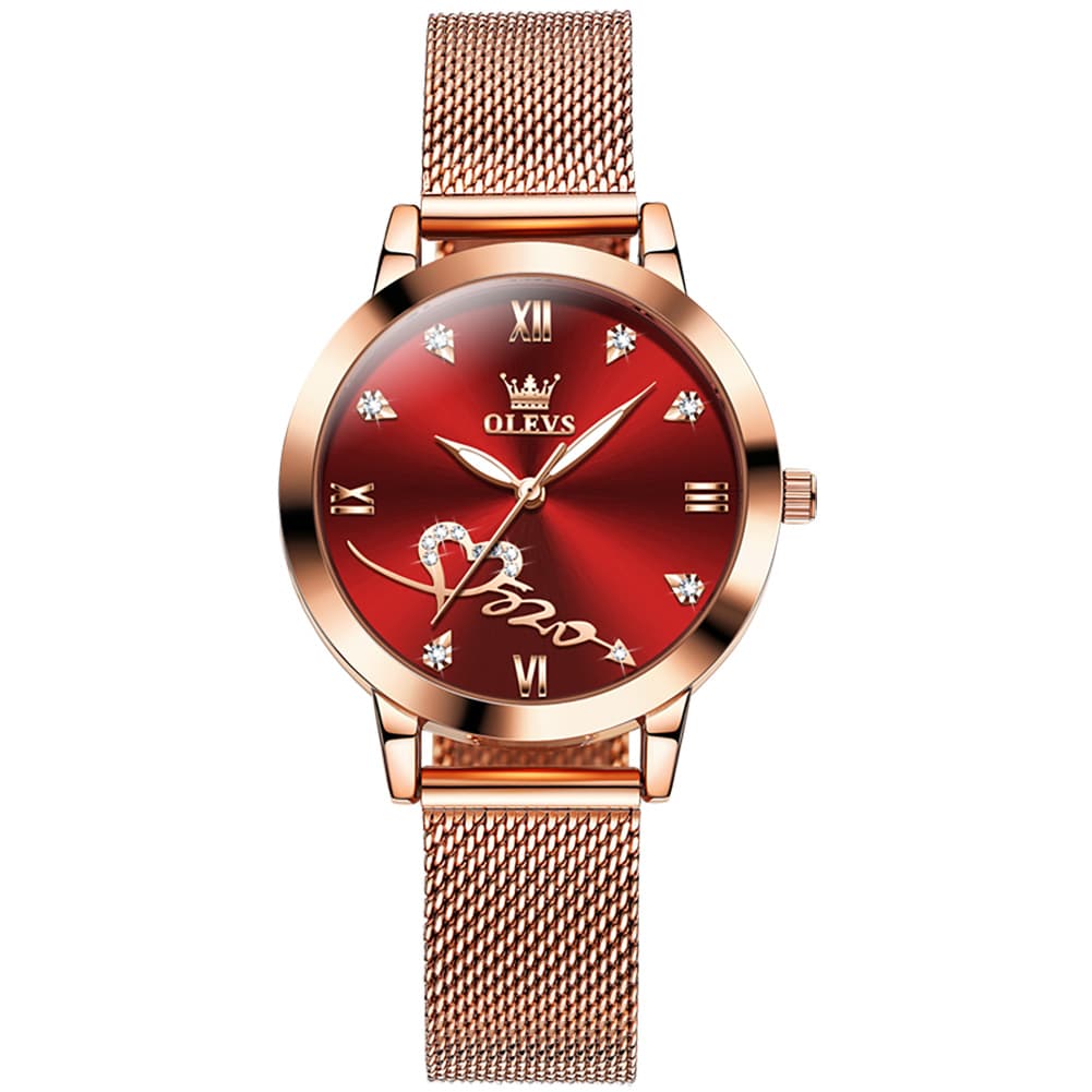 OLEVS Romantic Heart Crystal Dress Watch for Women Rose Gold Milanese Mesh 5530