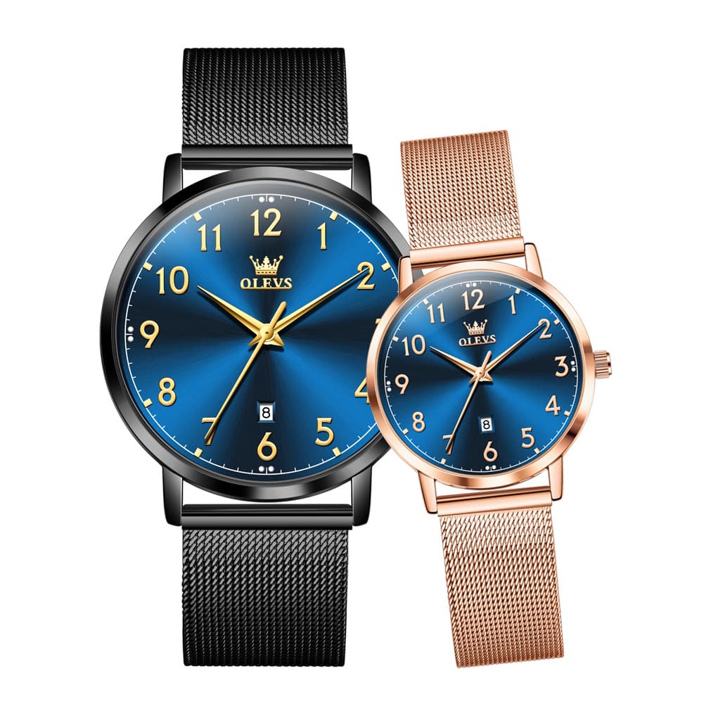 OLEVS 5653 Ultra Thin Couple Watch Milanese Mesh and Leather Strap Date Timepiece for Men and Women