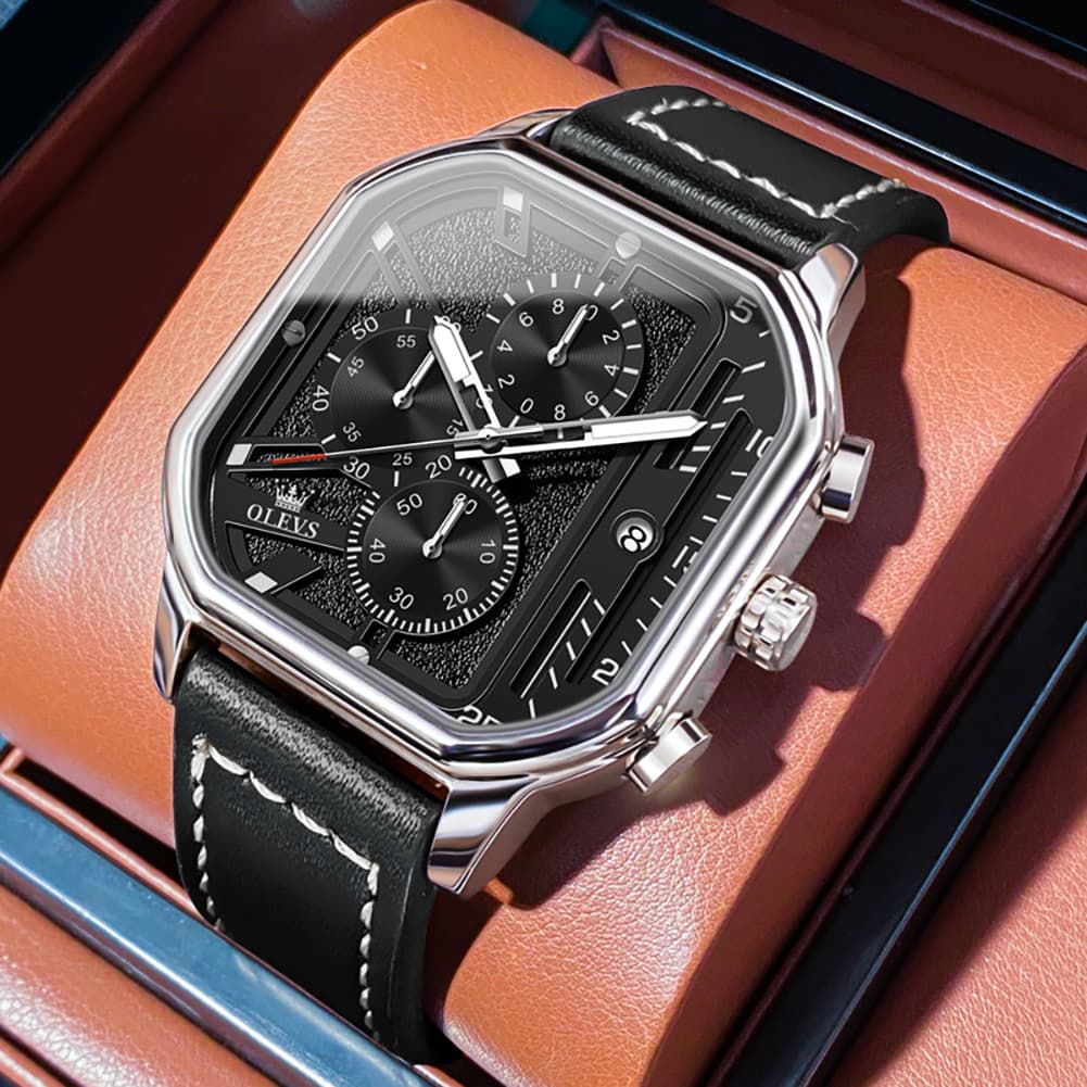 OLEVS 9950 Octagonal Case Chronograph Leather Watch for Men