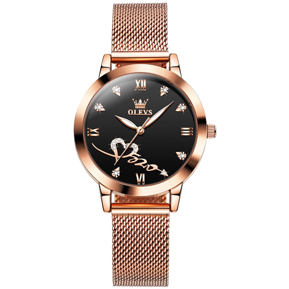 OLEVS Romantic Heart Crystal Dress Watch for Women Rose Gold Milanese Mesh 5530