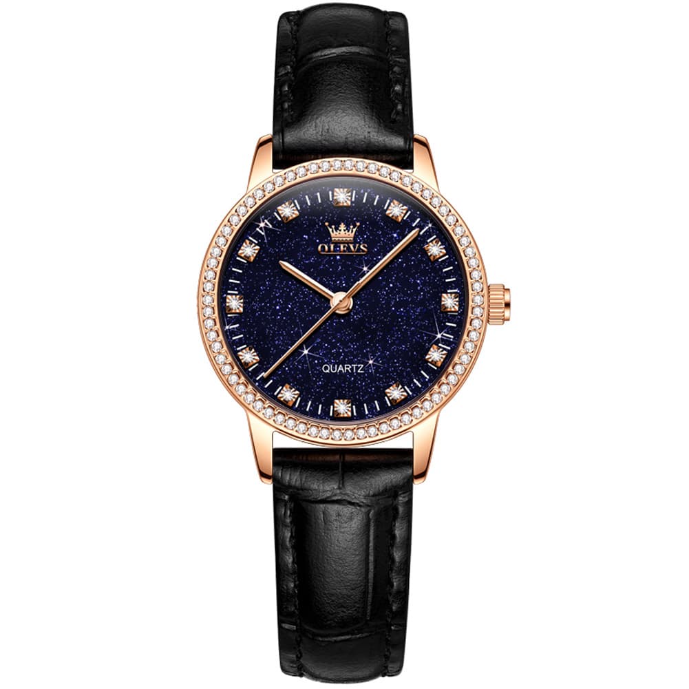 OLEVS Women Starry Sky Watch Diamond Bezel Leather Strap Quartz 5605