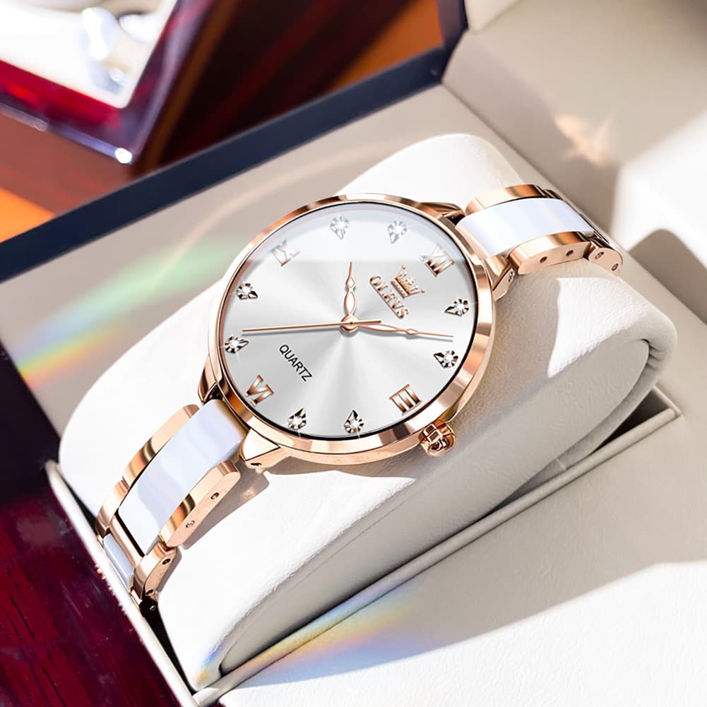 OLEVS 5872 Ceramic Bracelet Watch Rose Gold Diamond Accent Quartz Luxury Timepiece for Women