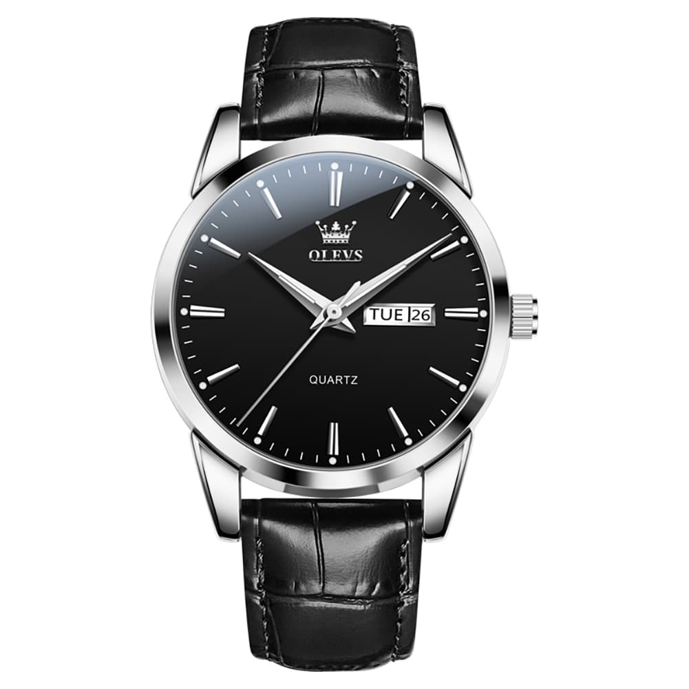 OLEVS 6898P Ultra Thin Day Date Watch Leather Strap Quartz Casual Timepiece for Men