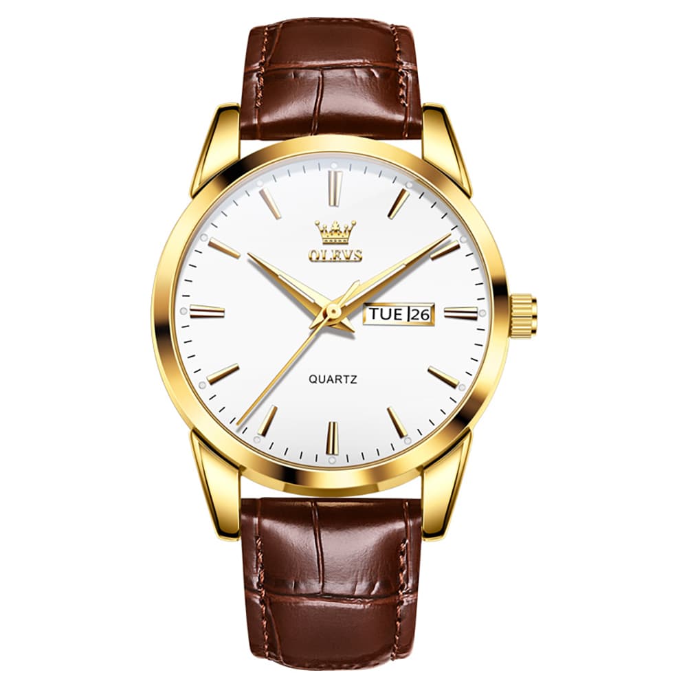 OLEVS 6898P Ultra Thin Day Date Watch Leather Strap Quartz Casual Timepiece for Men