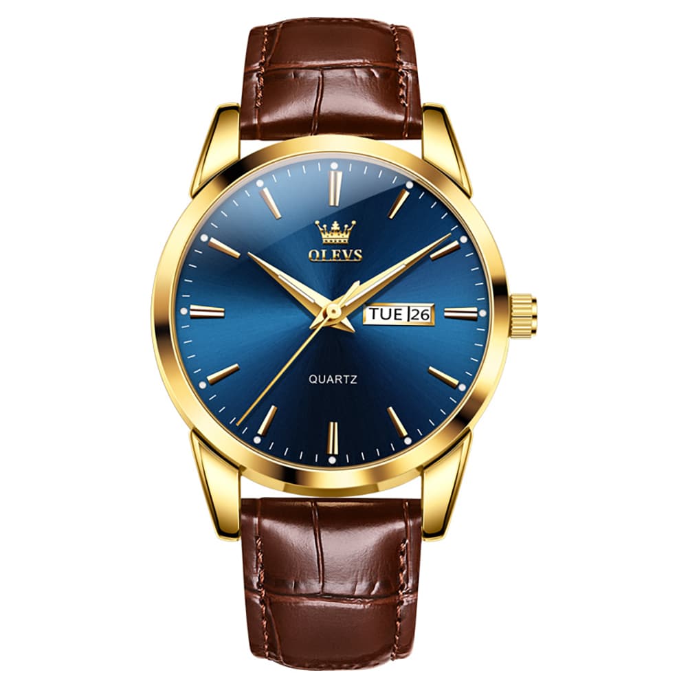 OLEVS 6898P Ultra Thin Day Date Watch Leather Strap Quartz Casual Timepiece for Men
