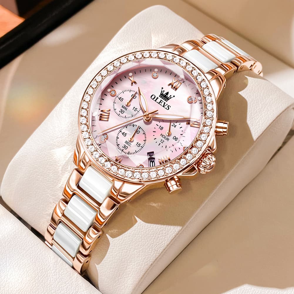 OLEVS 9999 Diamond Bezel Chronograph Ceramic Watch for Women
