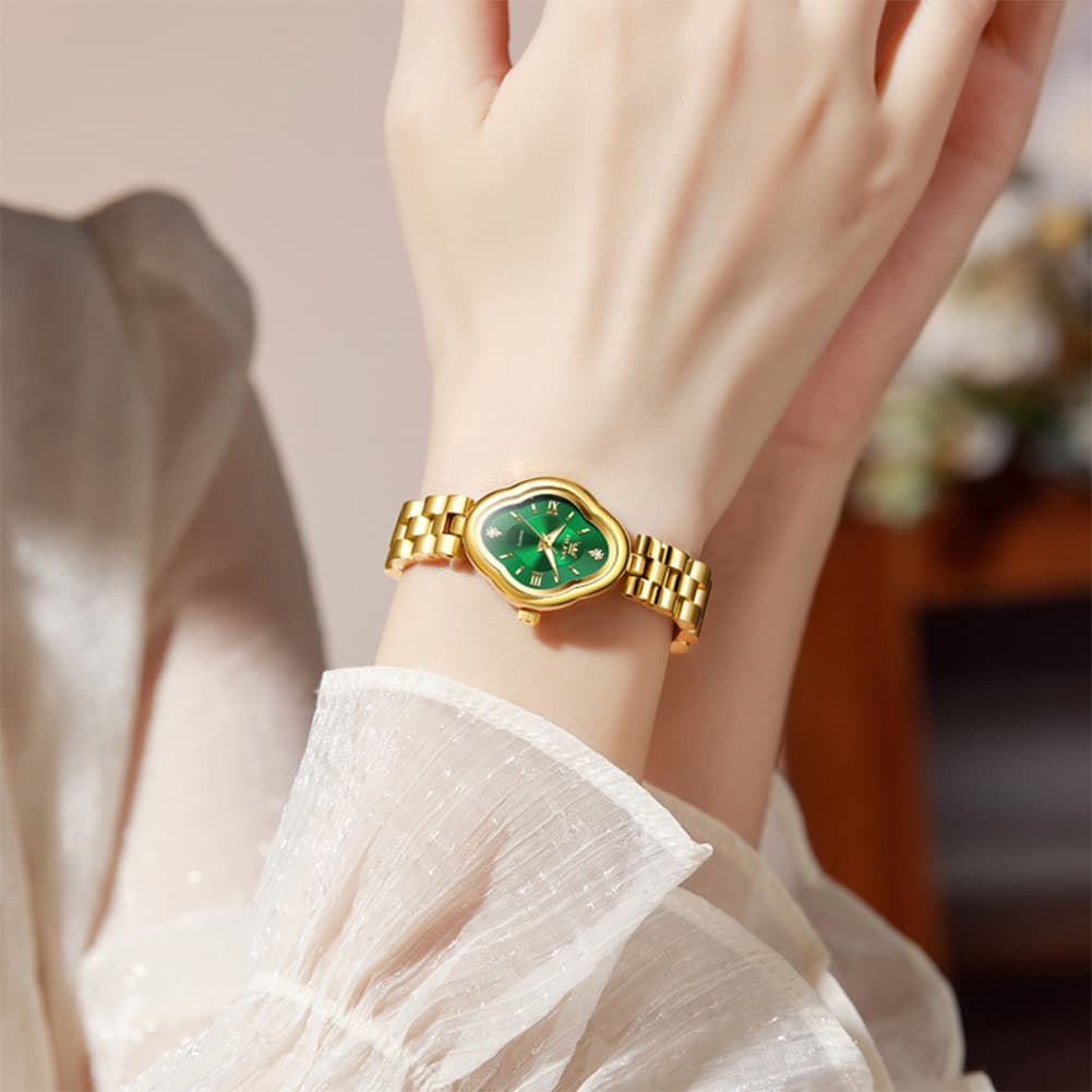 OLEVS 5666 Petal Case Vintage Dress Watch Gold Bracelet Quartz Jewelry Timepiece for Women