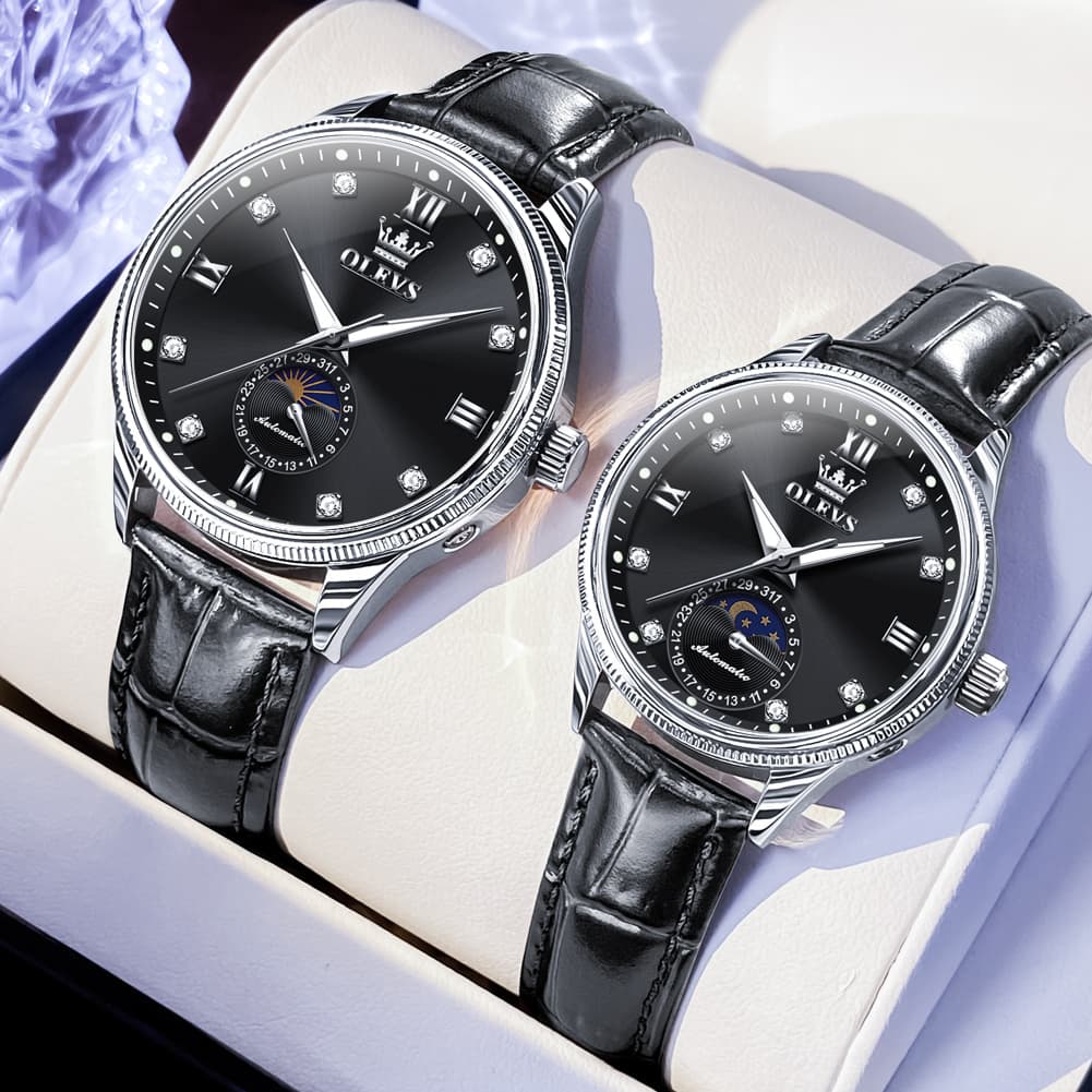 OLEVS 7039 Leather Moon Phase Couples Watch Set