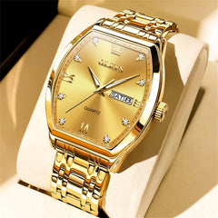 OLEVS Tonneau Diamond Dial Day Date Quartz Watch 5528 Steel Band for Men