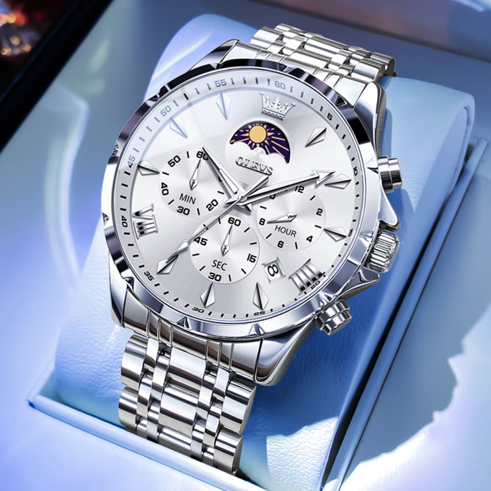 OLEVS 3653 Chronograph Moon Phase Sporty Dial Stainless Steel Watch For Men