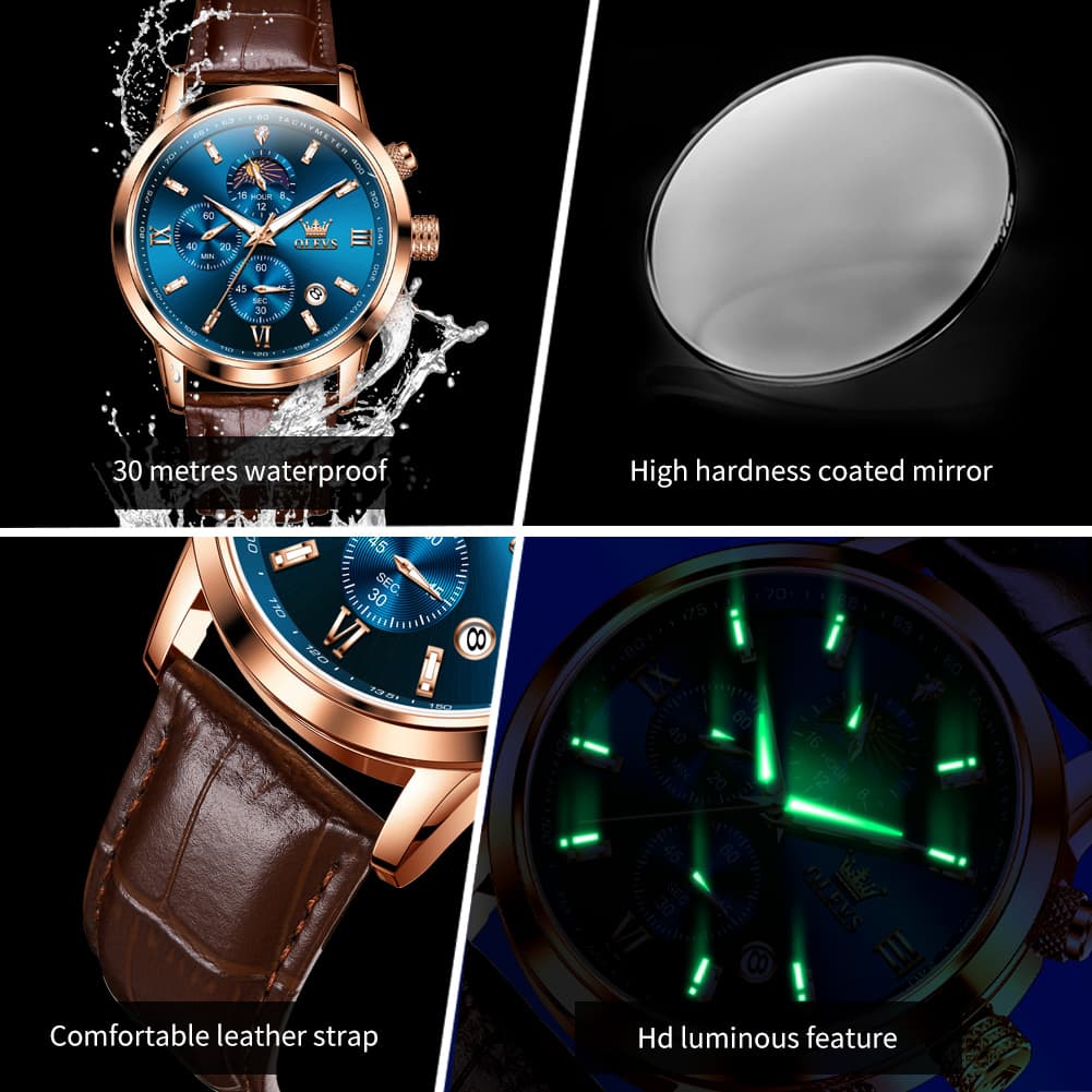OLEVS 9812 Moon Phase Chronograph Leather Watch for Men