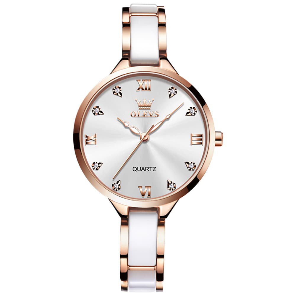 OLEVS 5872 Ceramic Bracelet Watch Rose Gold Diamond Accent Quartz Luxury Timepiece for Women