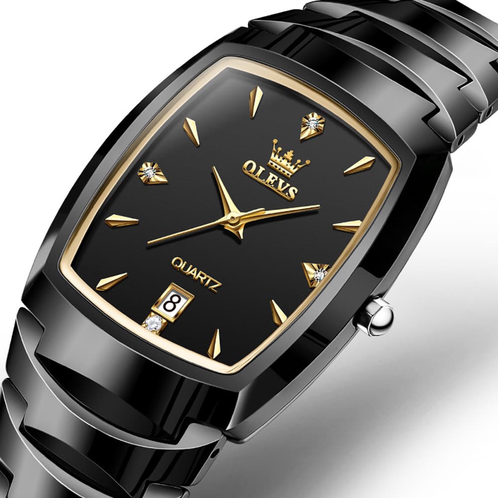 OLEVS 7006 Tungsten Steel Watch Tonneau Case Couple Diamond Accent Quartz Luxury Timepiece for Men and Women
