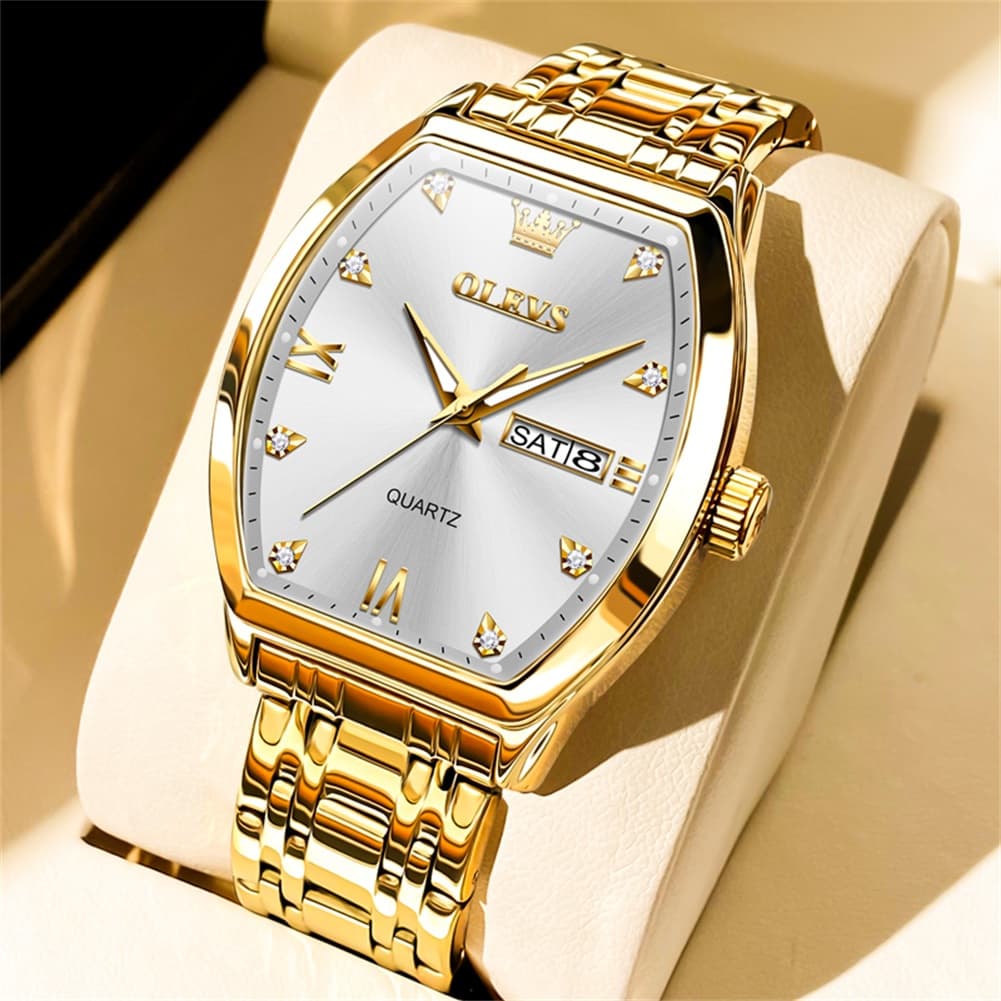 OLEVS Tonneau Diamond Dial Day Date Quartz Watch 5528 Steel Band for Men