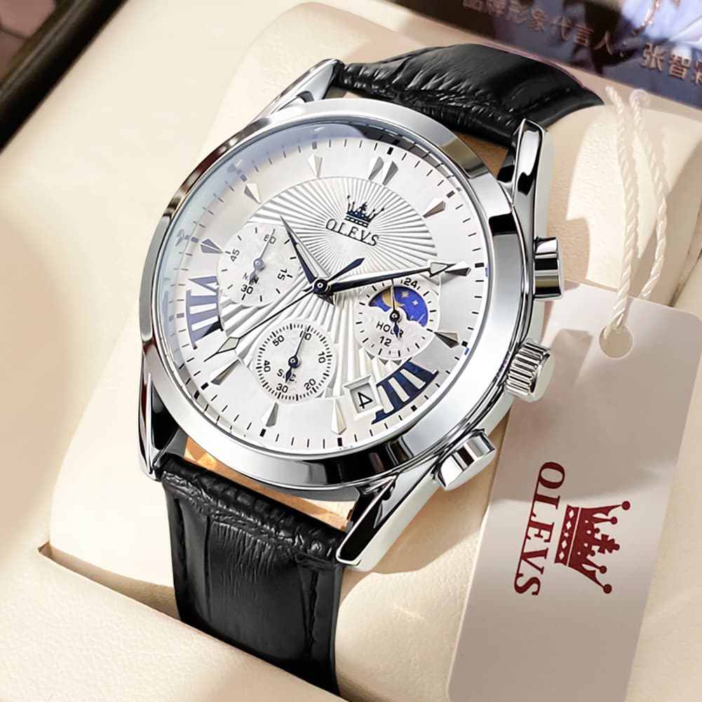 OLEVS 2876 Luxury Moon Phase Chronograph Leather Watch for Men