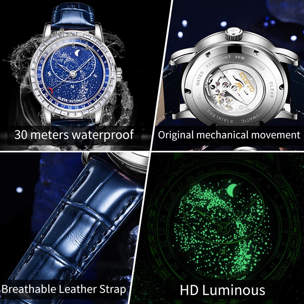 OLEVS Starry Sky Moon Phase Automatic Mechanical Watch 9923 Leather Strap for Men