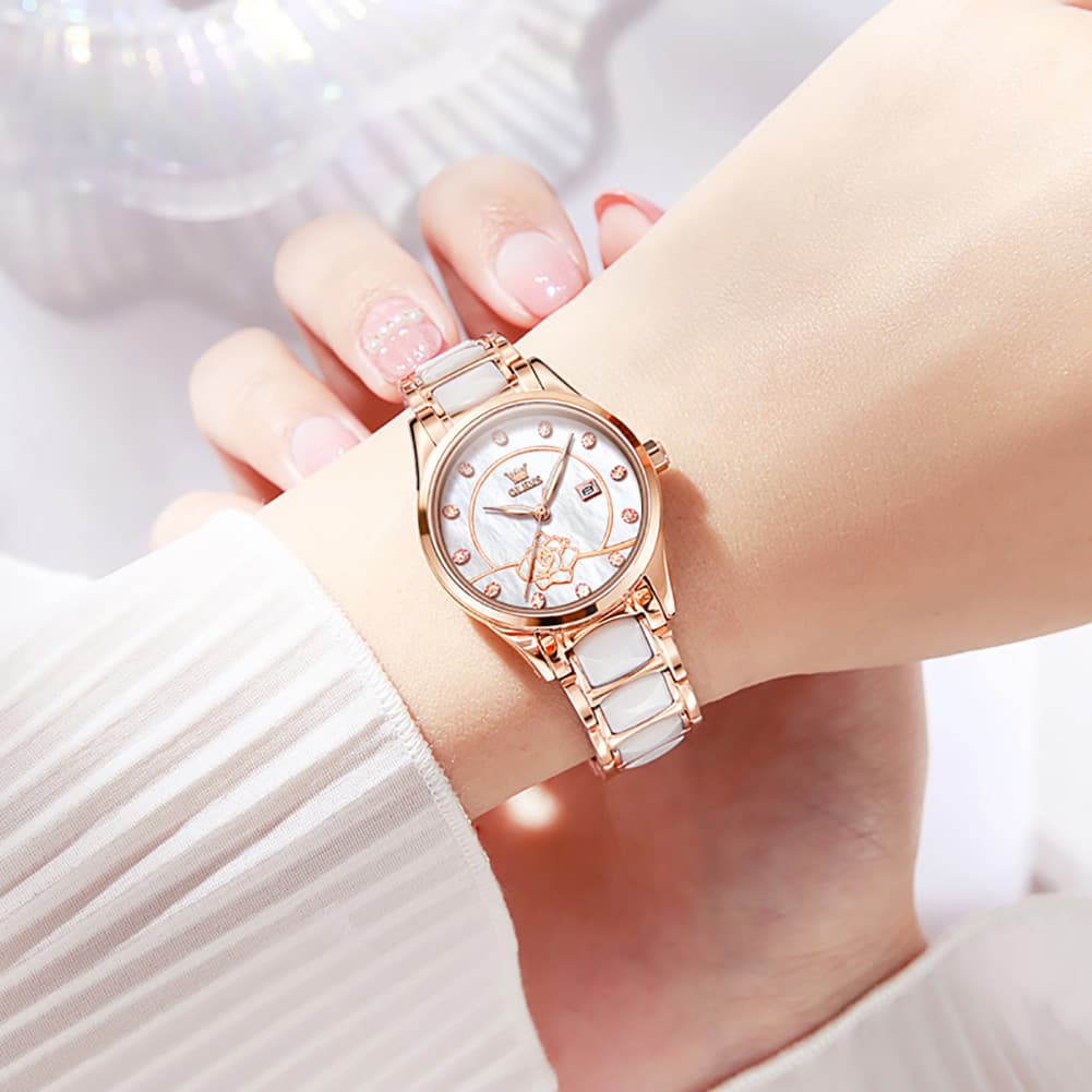 OLEVS 3606 Ceramic Rose Motif Quartz Watch for Women