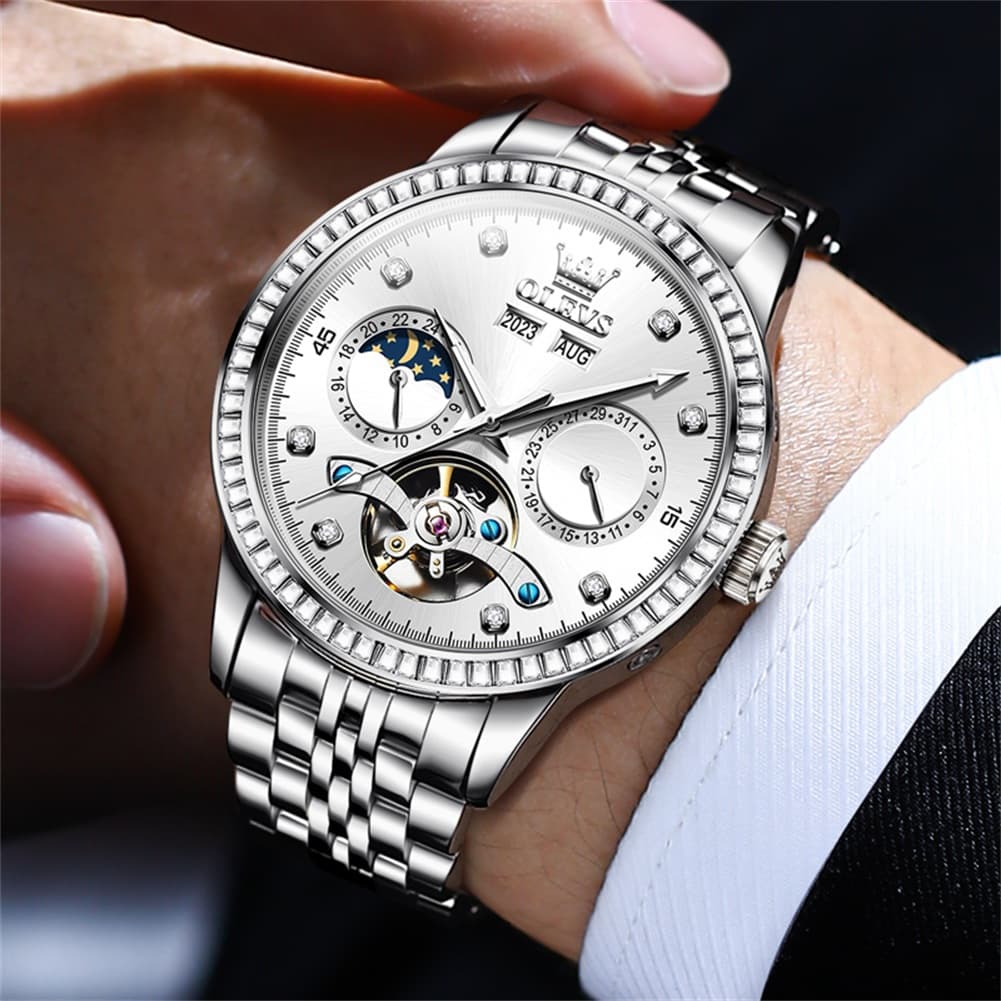 OLEVS 7016 Diamond Multi Function Sun and Moon Mechanical Watch for Men
