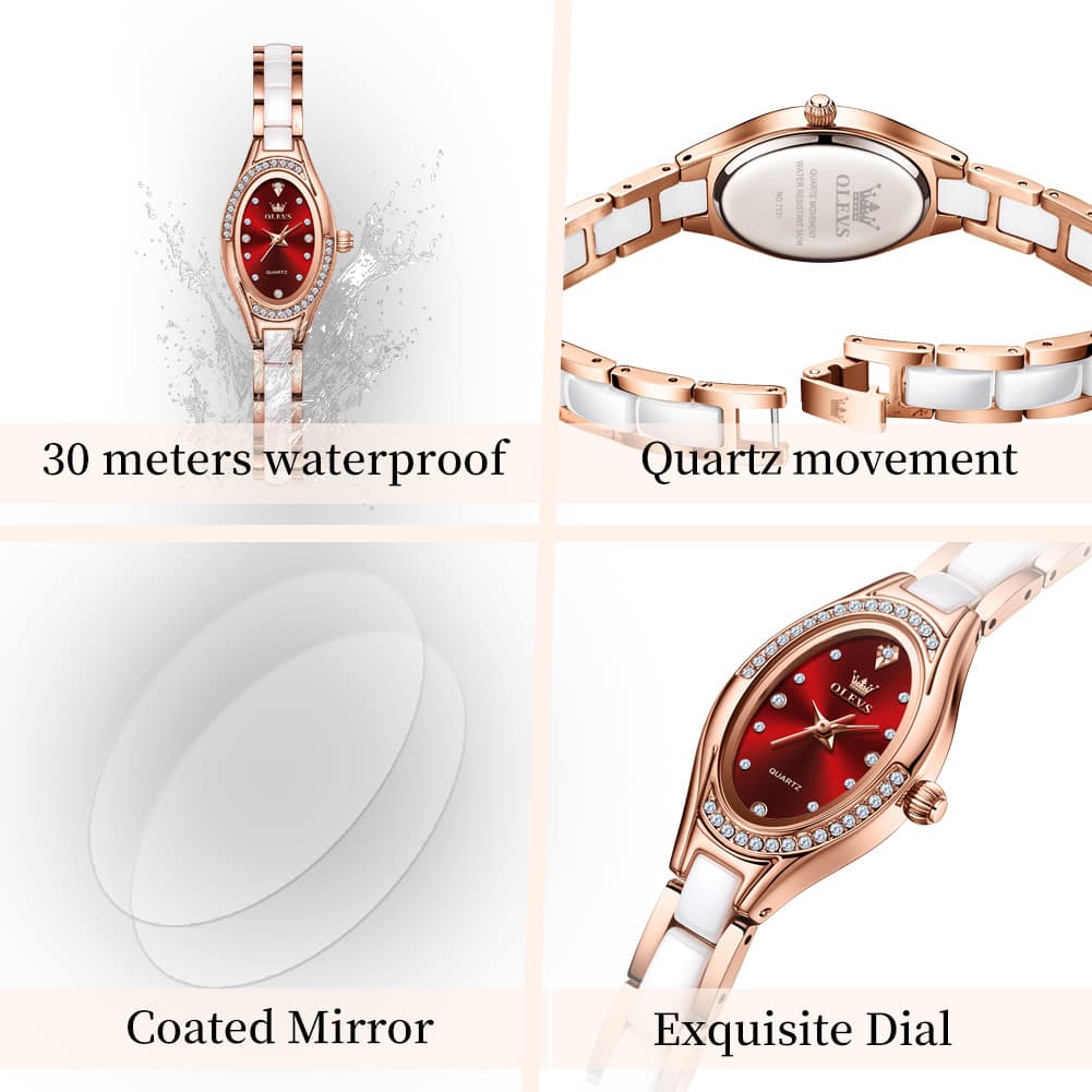 OLEVS Oval Ceramic Bracelet Diamond Watch 7131 for Women