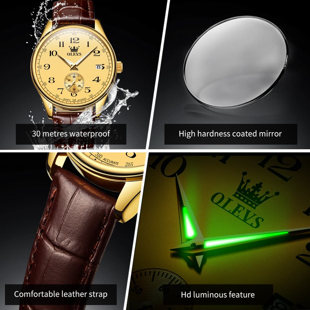 OLEVS 3662 Vintage Sub-Dial Leather Quartz Watch for Men