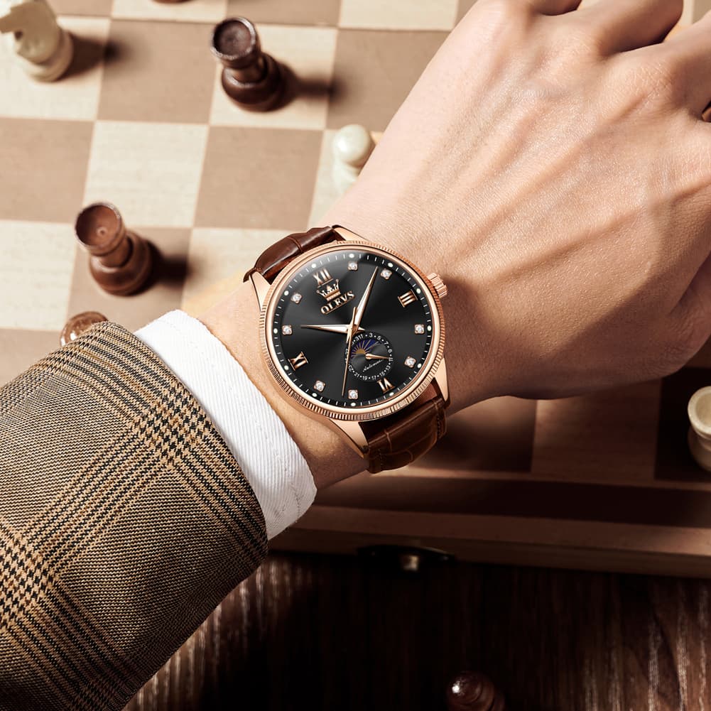 OLEVS 7039 Leather Moon Phase Mechanical Watch For Men