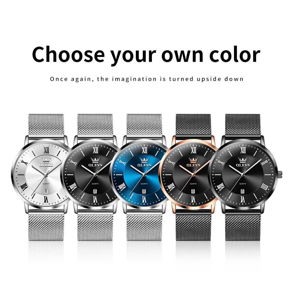 OLEVS Men Milanese Mesh Watch Ultra Slim Stainless Steel Date Quartz 5623
