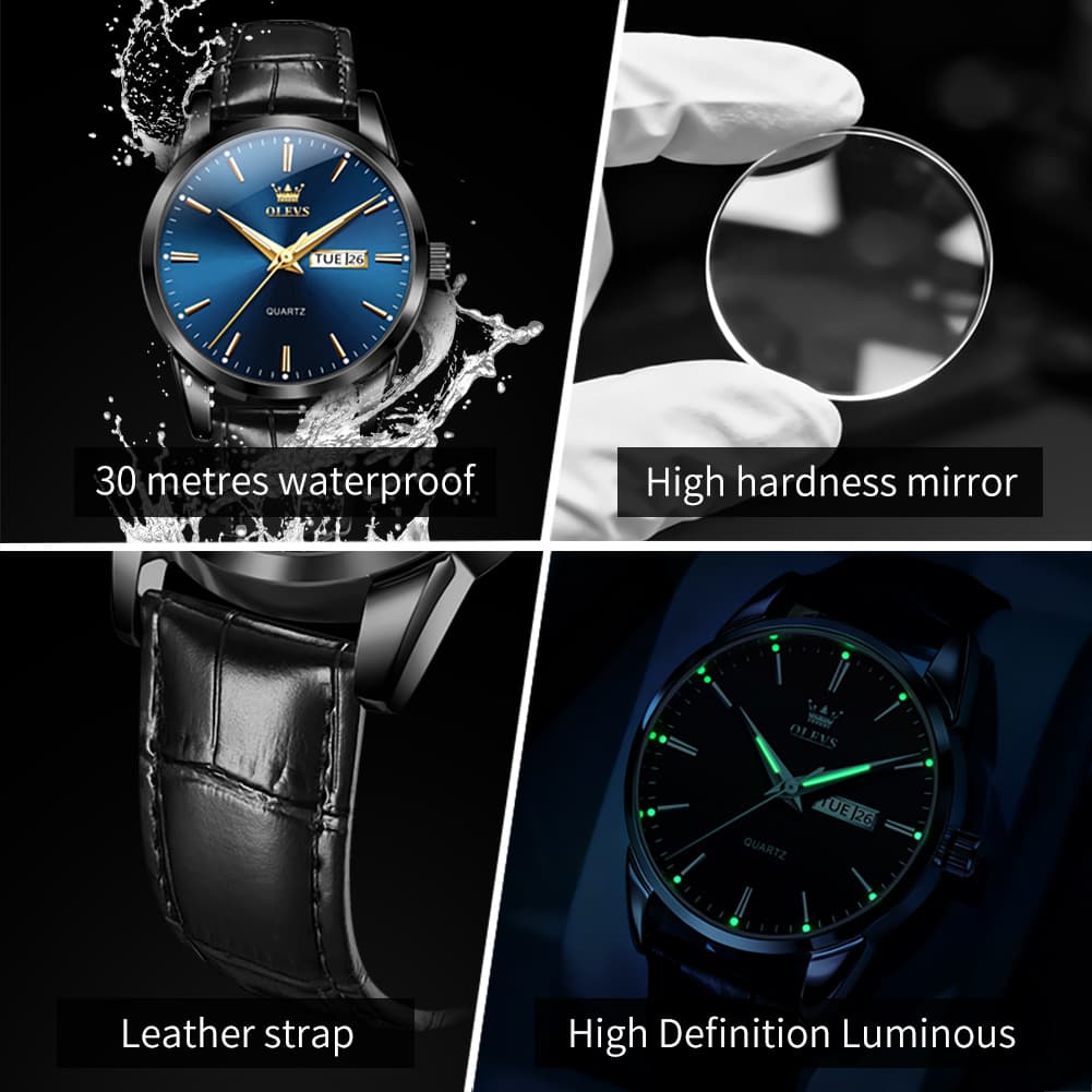 OLEVS 6898P Ultra Thin Day Date Watch Leather Strap Quartz Casual Timepiece for Men