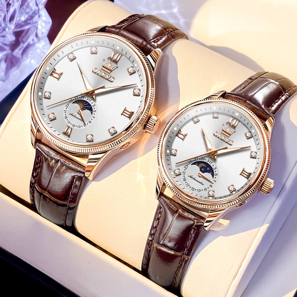 OLEVS 7039 Leather Moon Phase Couples Watch Set