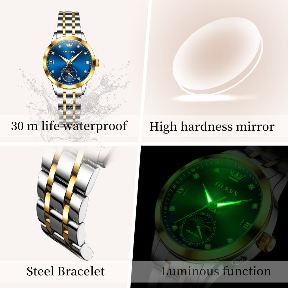 OLEVS 7041 Solid Steel Moon Phase Automatic Watch For Women