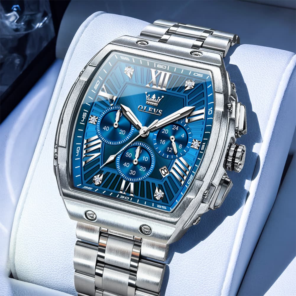 OLEVS Men Tonneau Watch Chronograph Stainless Steel Luxury Quartz 5639