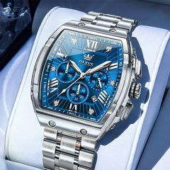 OLEVS Men Tonneau Watch Chronograph Stainless Steel Luxury Quartz 5639