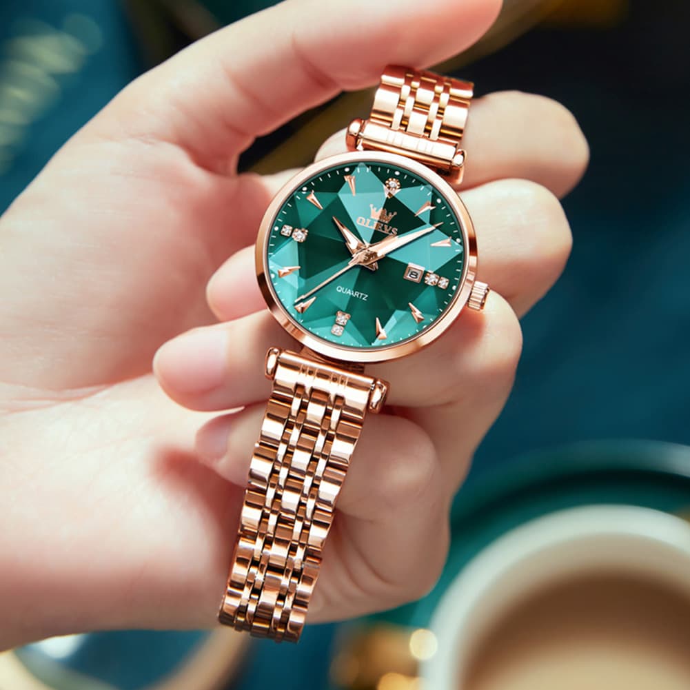 OLEVS Diamond Cut Crystal Dress Watch for Women Stainless Steel 5536