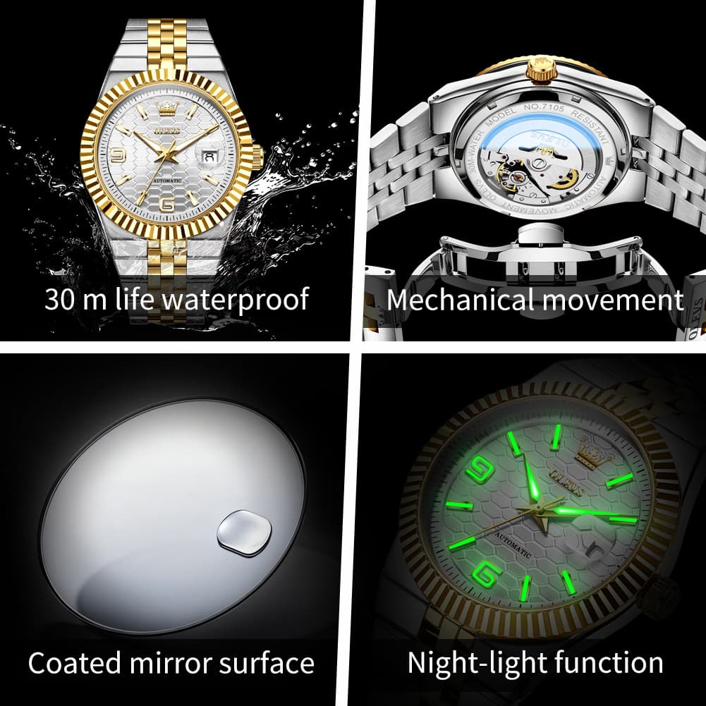 OLEVS 7105 Fluted Bezel Automatic Mechanical Luxury Dress Watch for Men