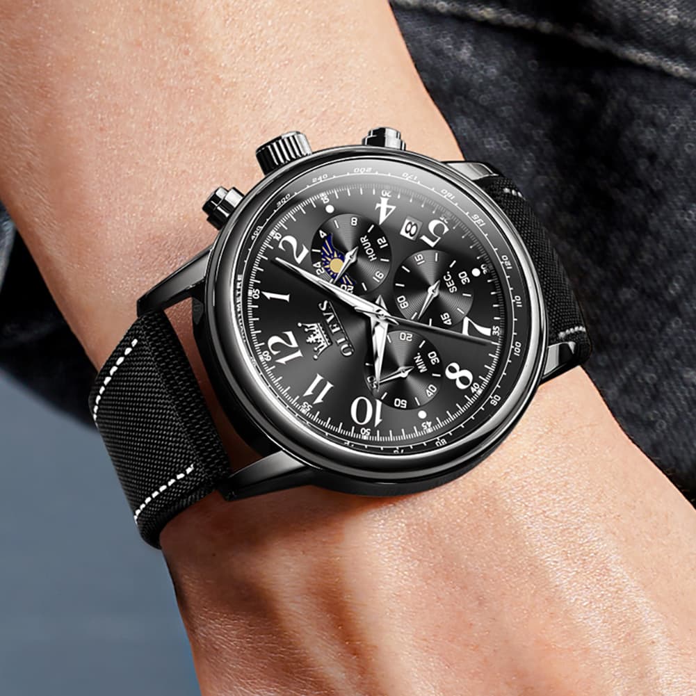 OLEVS 2912 Leather Chronograph Moon Phase Watch for Men