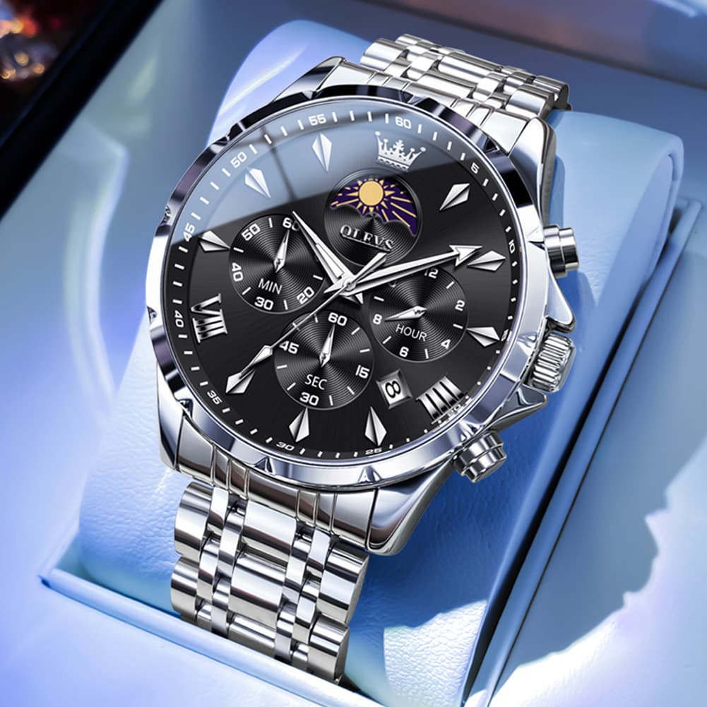 OLEVS 3653 Chronograph Moon Phase Sporty Dial Stainless Steel Watch For Men