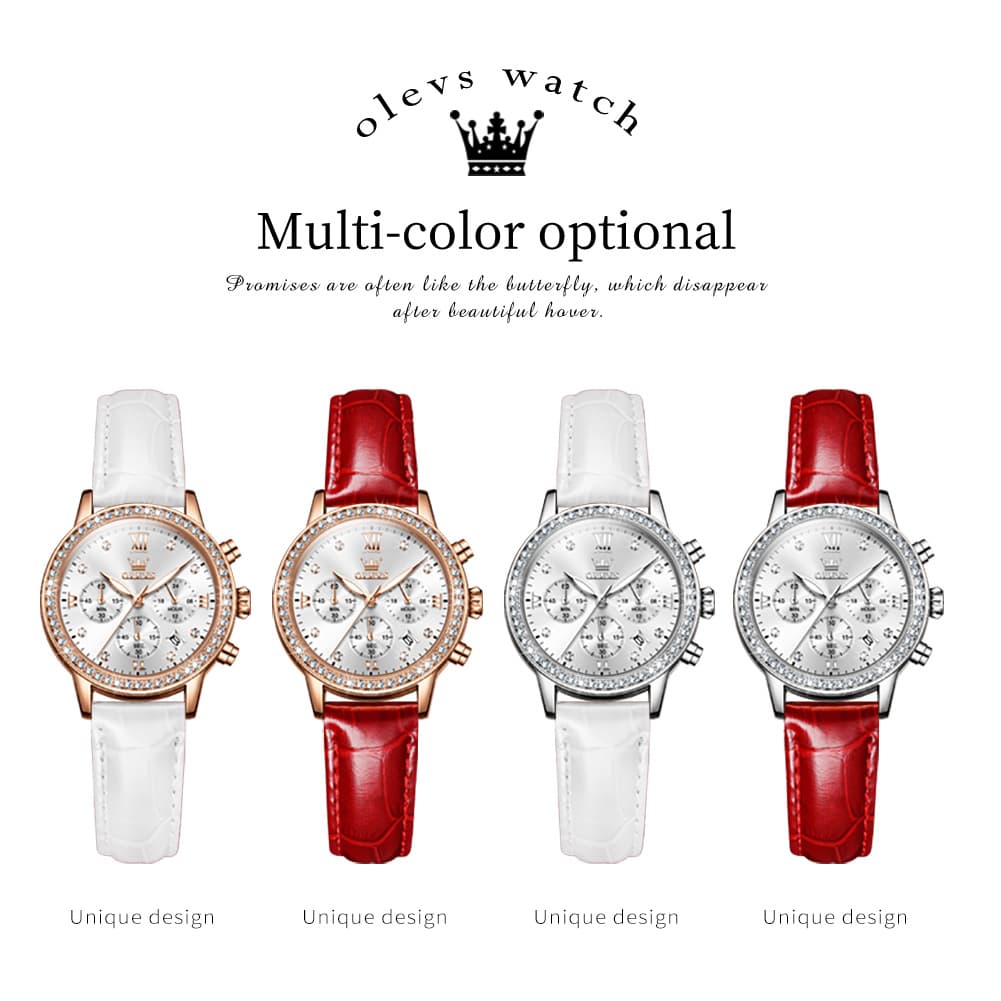 OLEVS 9933 Crystal Bezel Chronograph Leather Watch for Women