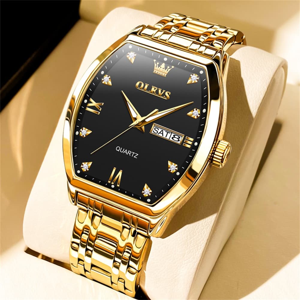 OLEVS Tonneau Diamond Dial Day Date Quartz Watch 5528 Steel Band for Men