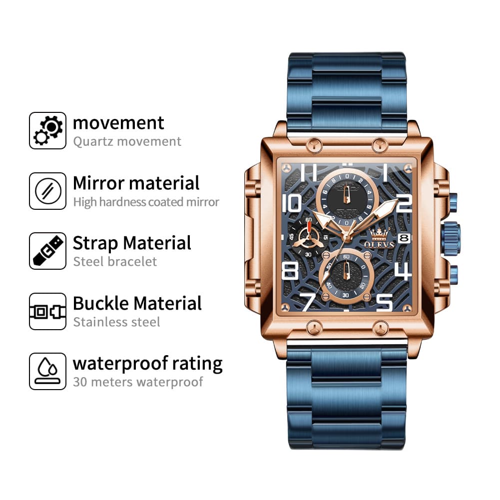OLEVS 2958 Square Skeleton Chronograph Watch for Men