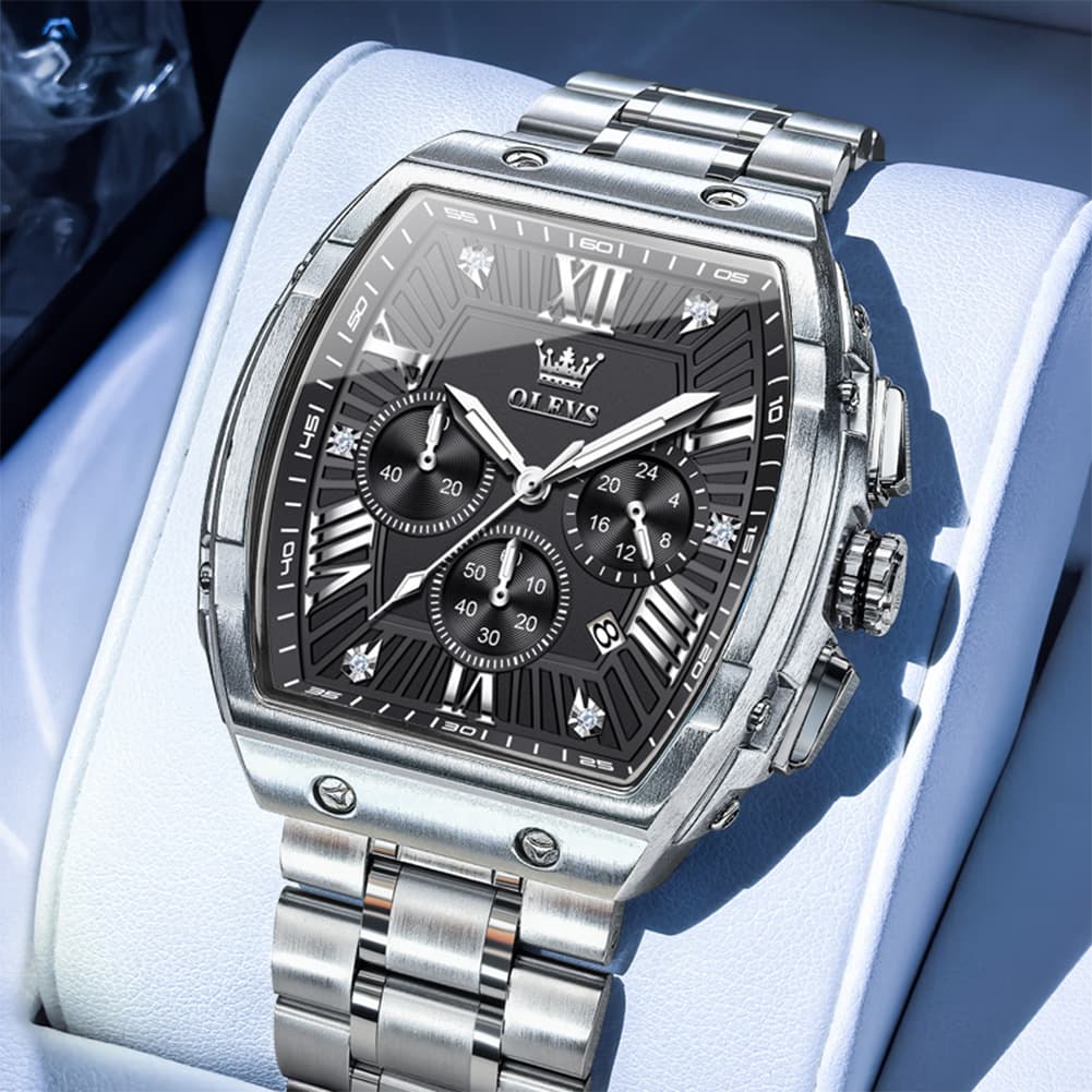 OLEVS Men Tonneau Watch Chronograph Stainless Steel Luxury Quartz 5639