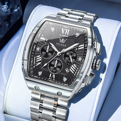 OLEVS Men Tonneau Watch Chronograph Stainless Steel Luxury Quartz 5639