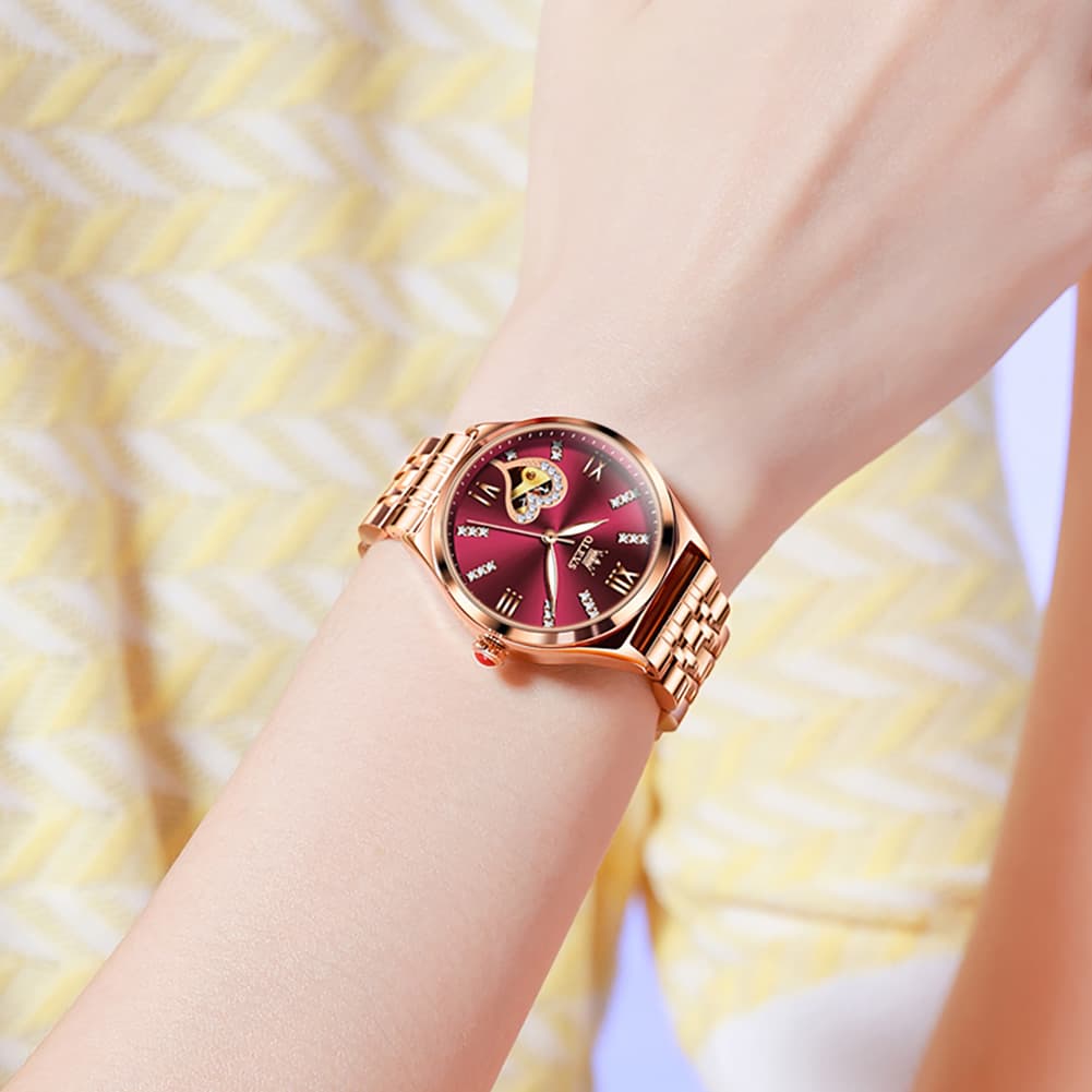 OLEVS 6636 Leather Skeleton Mechanical Watch for Women