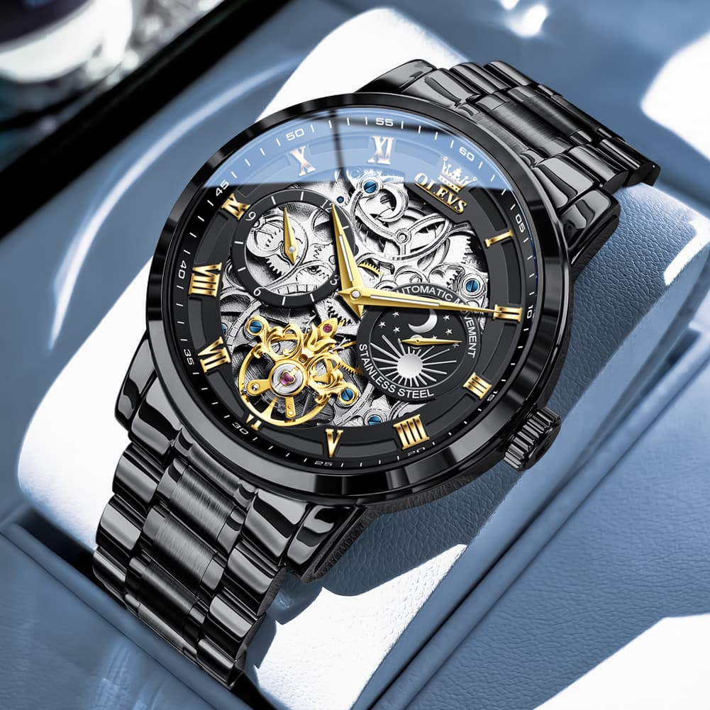 OLEVS 6670 Stainless Steel Skeleton Mechanical Watch for Men