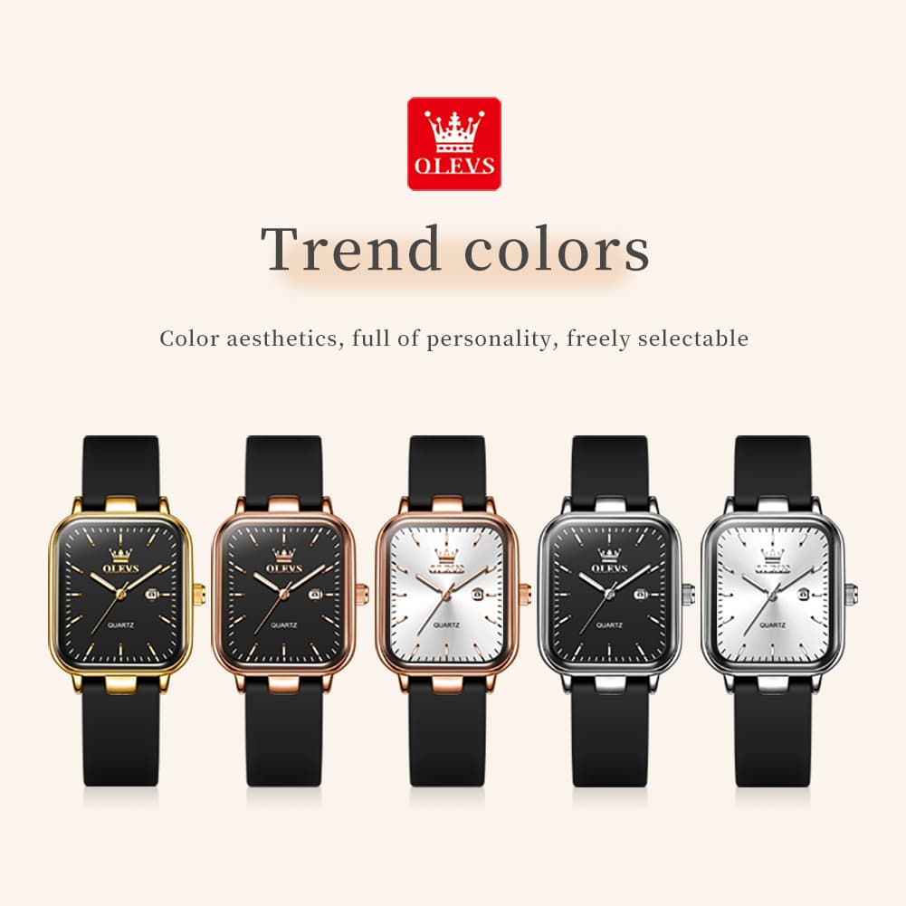 OLEVS 7089 Silicone Strap Watch Retro Square Date Quartz Sport Luxe Timepiece for Women