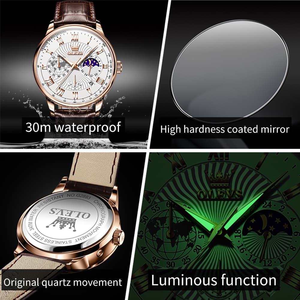 OLEVS 2893 Leather Pulsometer Moon Phase Watch for Men