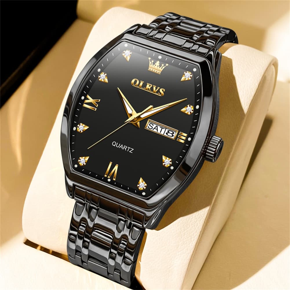 OLEVS Tonneau Diamond Dial Day Date Quartz Watch 5528 Steel Band for Men