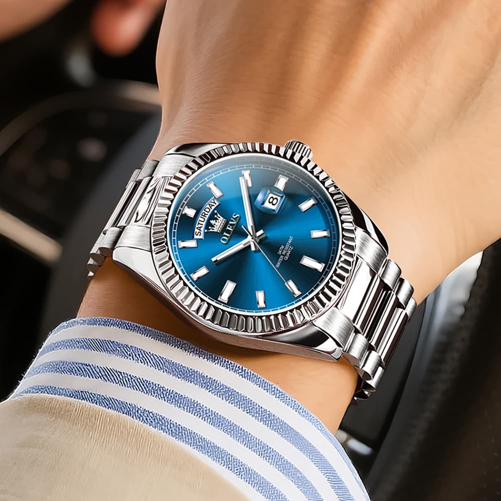 OLEVS 5650 Fluted Bezel Day Date Watch Stainless Steel Quartz Luxury Timepiece for Men